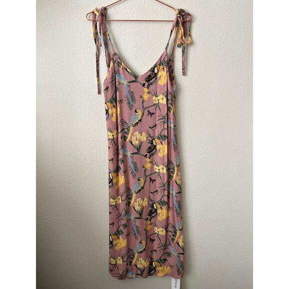 Reformation Jade Dress Midi Conga Tropical Bird Print Pink Yellow Tie Straps - Picture 3 of 10